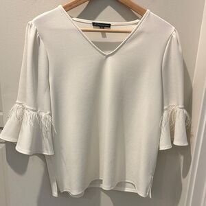 Adrianna Papell Cream V-Neck Blouse with Ostrich Feathered Puff Sleeves size  M